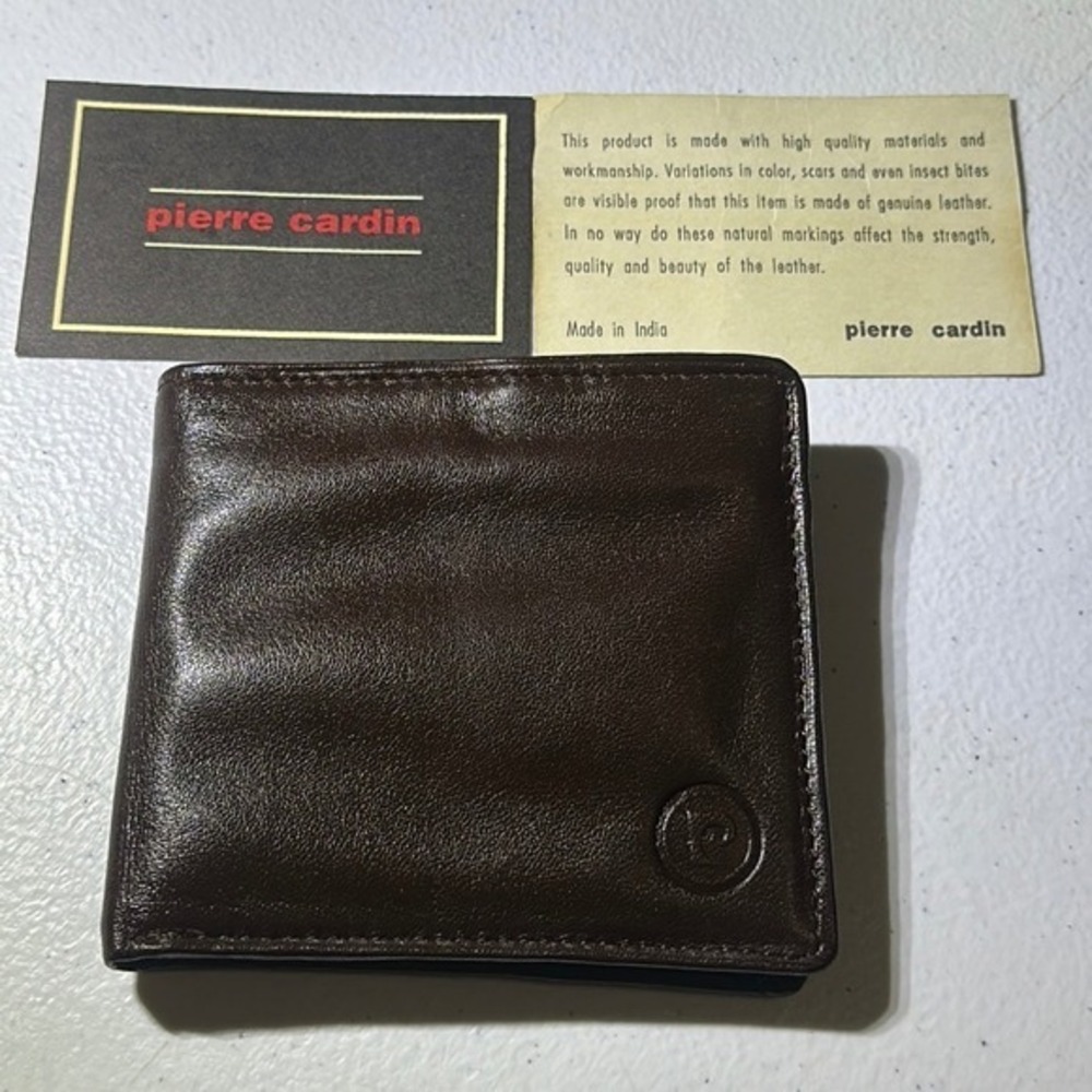 Vintage Pierre Cardin Mens Bifold Wallet Dark Brown Genuine Leather Slim Classic